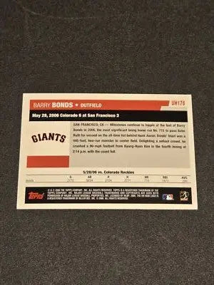 Barry Bonds baseball card from 2006 Topps Updates & Highlights UH176 series