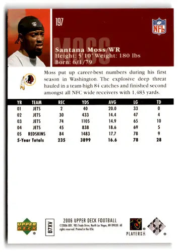 Original gloss Santana Moss football card from 2006 Upper Deck Redskins product