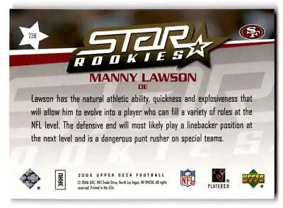 Back of 2006 Upper Deck #238 Manny Lawson trading card showcasing player stats