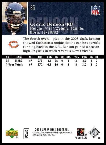 Original gloss Cedric Benson football card from Upper Deck 2006 Bears series