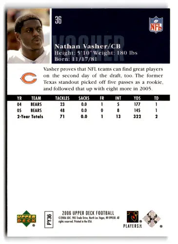 Original gloss Football card back from 2006 Upper Deck Nathan Vasher Bears NM-MT