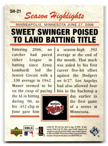 2006 Upper Deck Season Highlights #SH21 Joe Mauer NM-MT Twins ID:71336 - Trading Cards