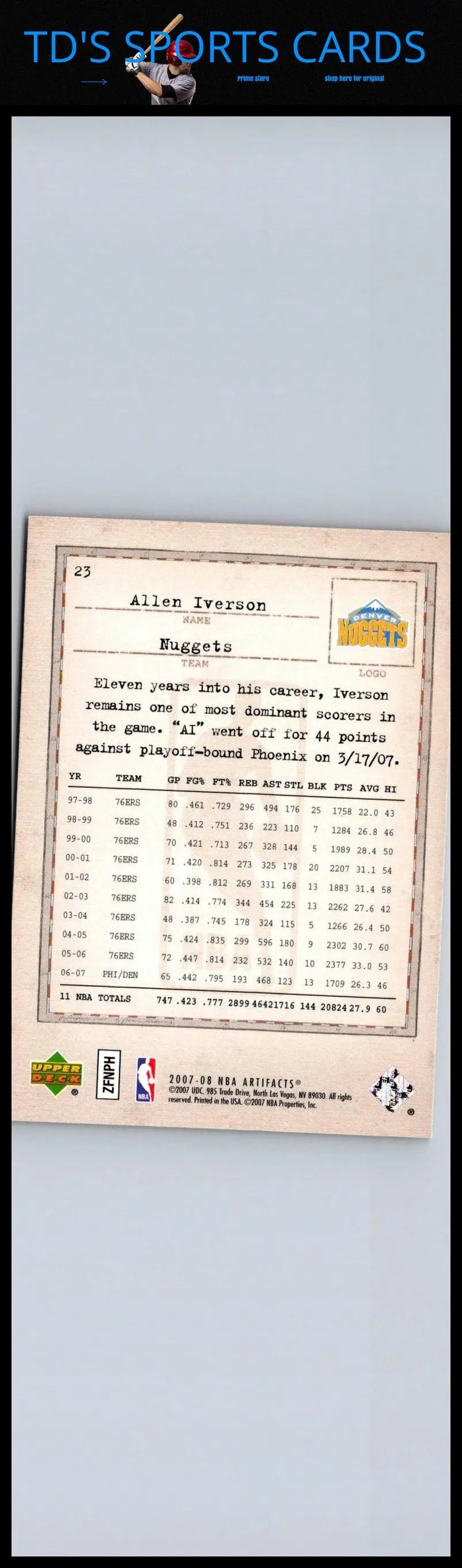 Allen Iverson basketball card from 2007-08 Upper Deck Artifacts #23 collectible
