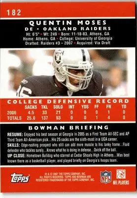 2007 Bowman Quentin Moses football card featuring Oakland Raiders player