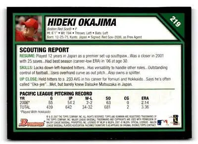 Hideki Okajima 2007 Bowman #219 baseball card for collectors of trading cards