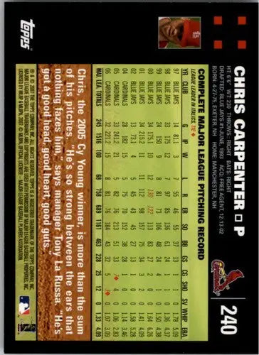 Baseball card back of 2007 Topps #240 Chris Carpenter NMMT showcasing original gloss