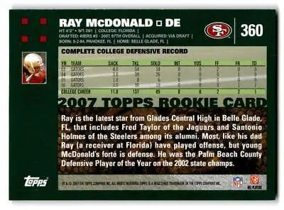Ray McDonald rookie card from 2007 Topps #360 baseball trading cards collection