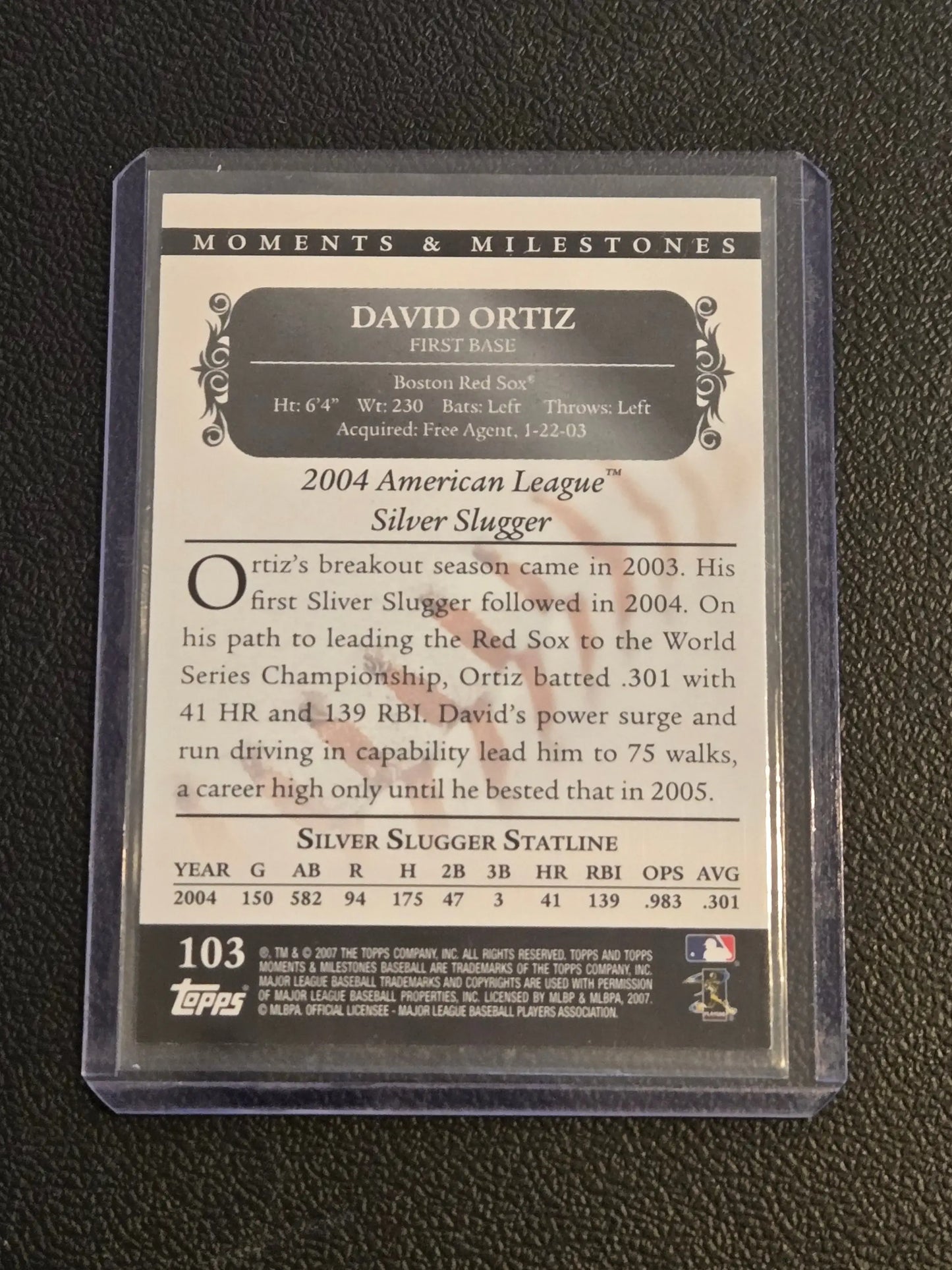 Baseball trading card of David Ortiz Black encased in clear protector from 2007 Topps