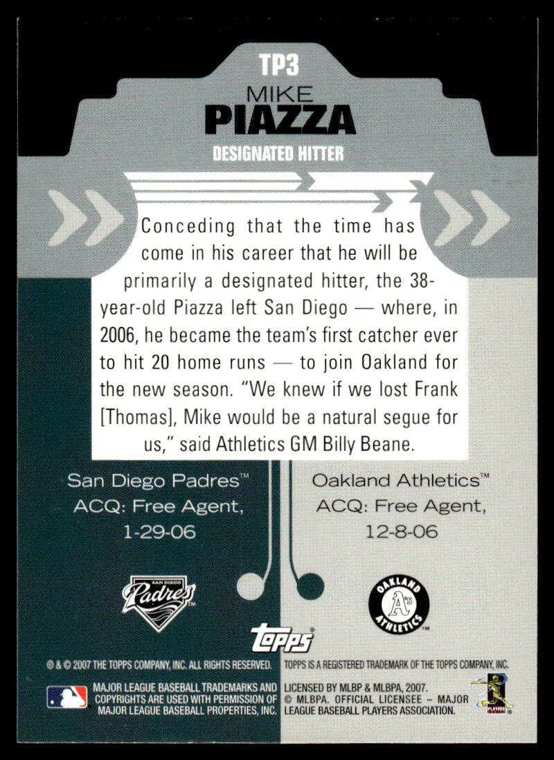 Baseball trading card featuring Mike Piazza’s career as a designated hitter