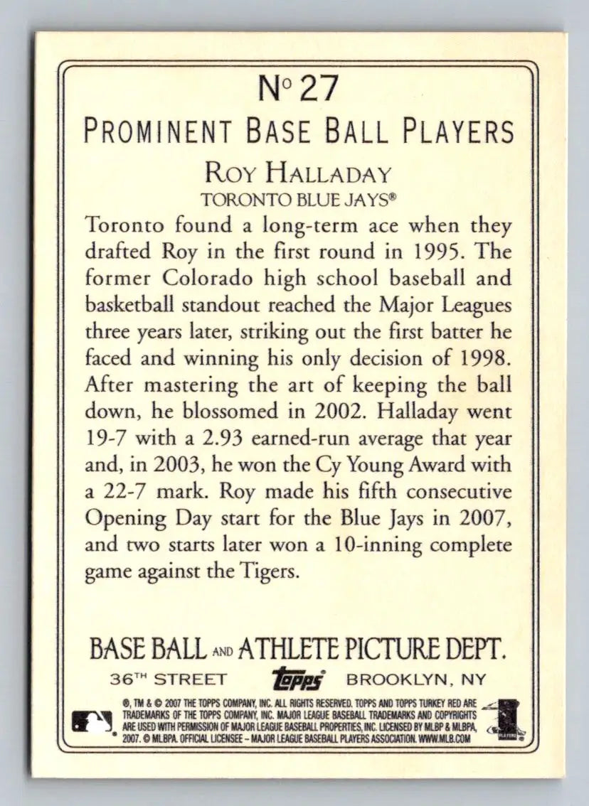 Roy Halladay 2007 Topps Turkey Red baseball card for Toronto Blue Jays collectors