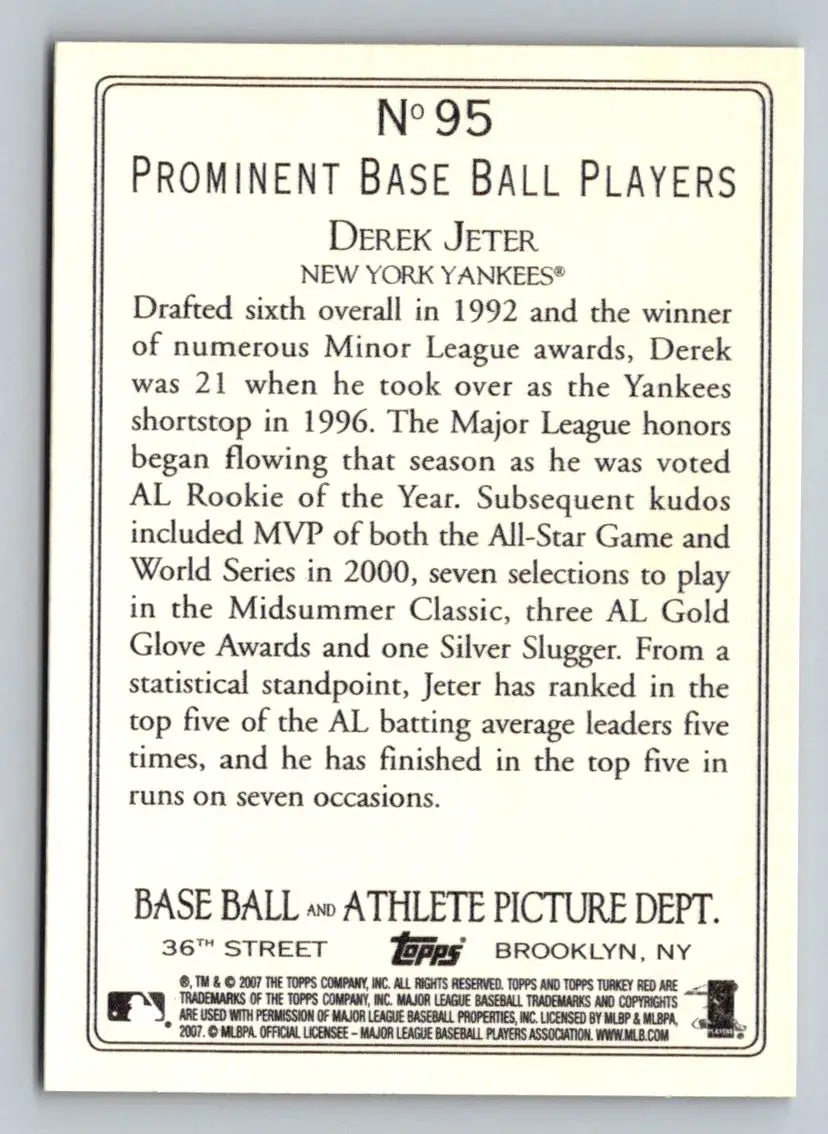 Derek Jeter 2007 Topps Turkey Red #95 baseball card back for collectors