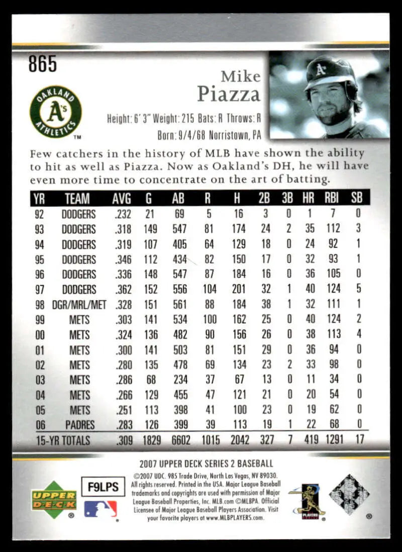 Baseball trading card of Mike Piazza with Oakland Athletics stats from Upper Deck