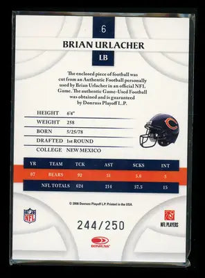 Donruss Threads Brian Urlacher trading card with game-used memorabilia numbered 244/250