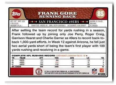 Back of 2008 Topps #85 Frank Gore trading card showcasing player stats and highlights