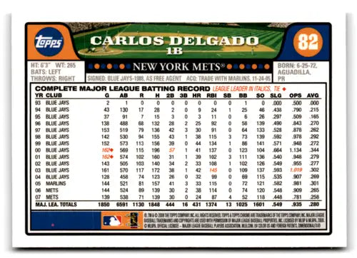 2008 Topps Chrome Carlos Delgado baseball card with original gloss NM-MT Mets ID 70843