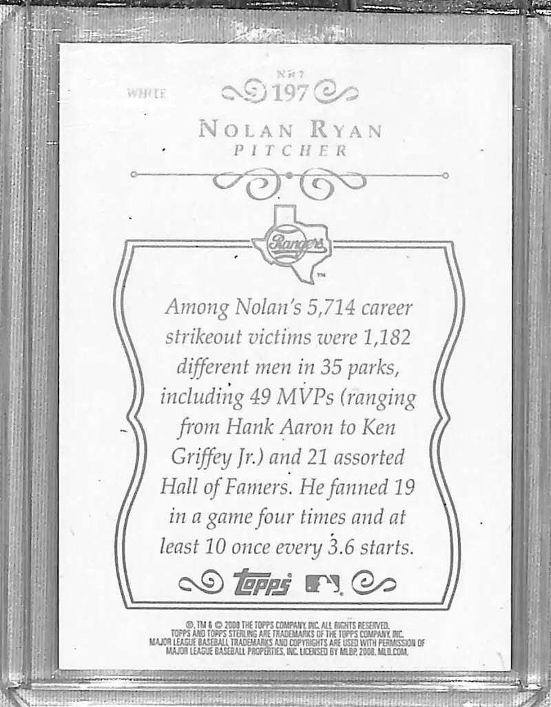 Baseball card back displaying Nolan Ryan’s strikeout statistics in framed white design