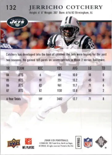 Football trading card of Jerricho Cotchery, 2008 Upper Deck original gloss NM-MT