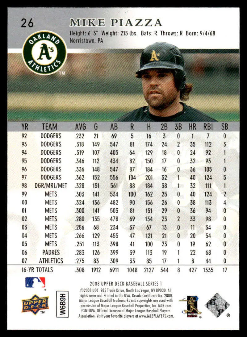 Mike Piazza Oakland Athletics career stats on 2008 Upper Deck baseball card