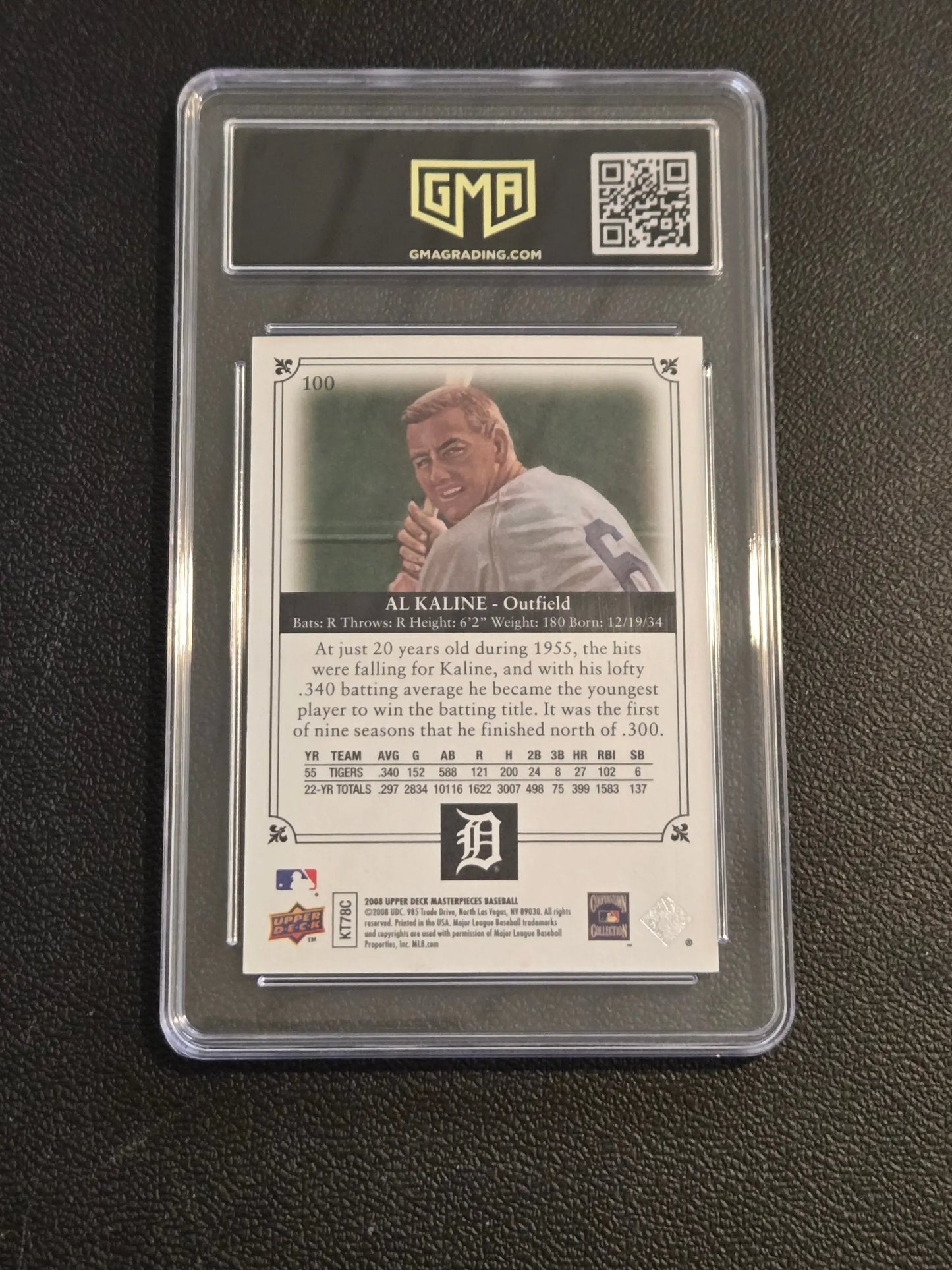 Graded Al Kaline baseball card from Upper Deck Masterpieces in framed black GMA 10