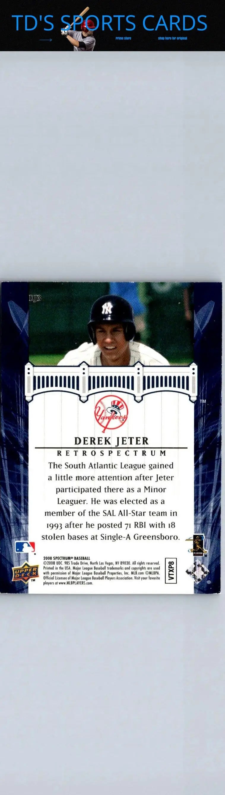 Derek Jeter baseball card from 2008 Upper Deck Spectrum DJ3 Derek Jeter Retrospectrum