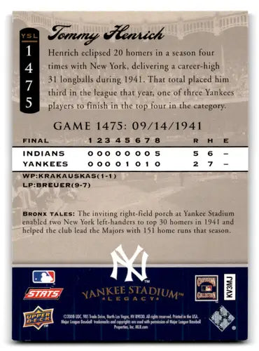 Original gloss Tommy Henrich baseball card from 2008 Upper Deck Yankee Stadium collection
