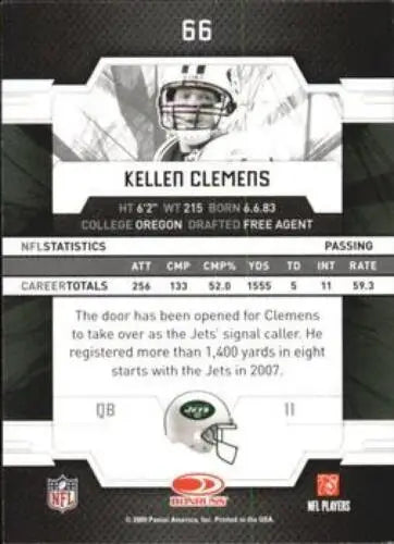 NFL trading card of Kellen Clemens from 2009 Donruss Elite showcasing career stats