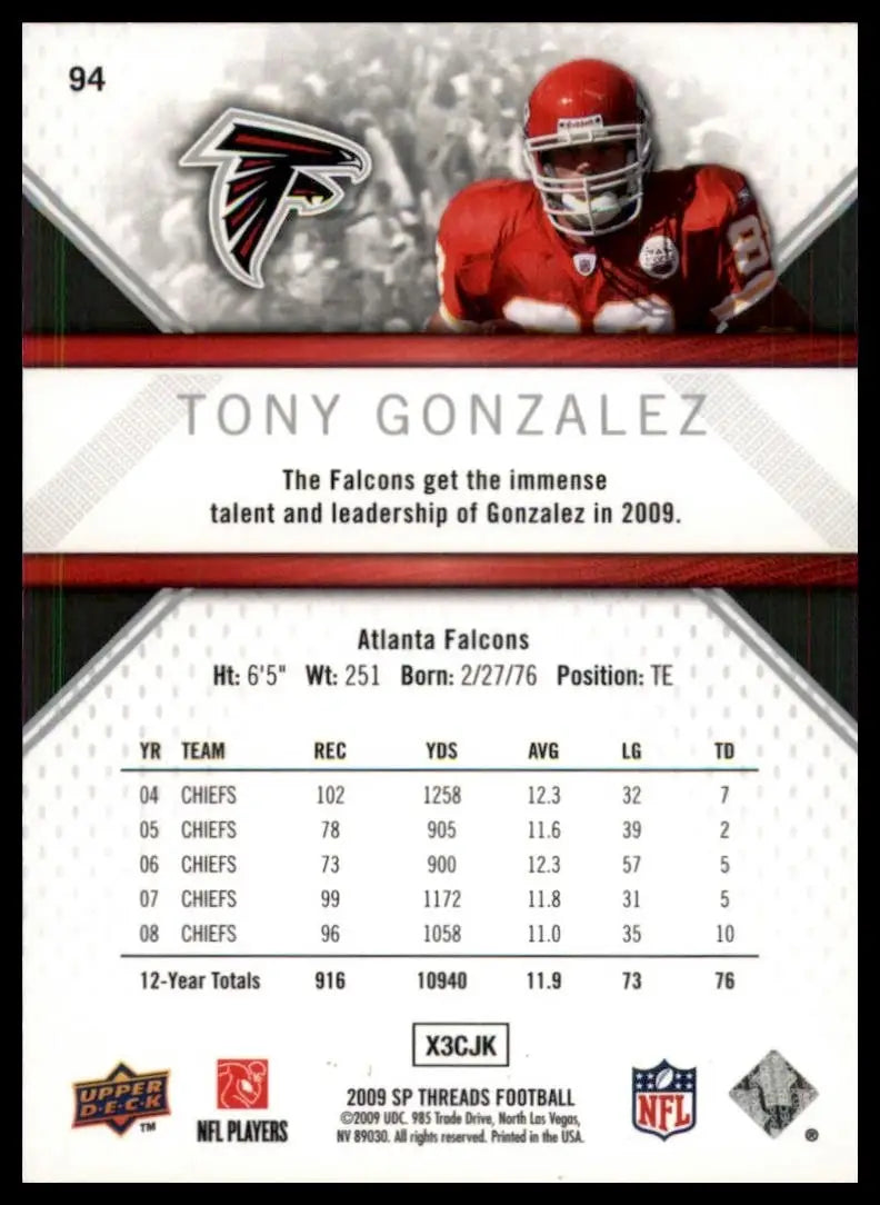 2009 SP Threads Tony Gonzalez #94 Kansas City Chiefs Football Card NFL Sports - Football Card
