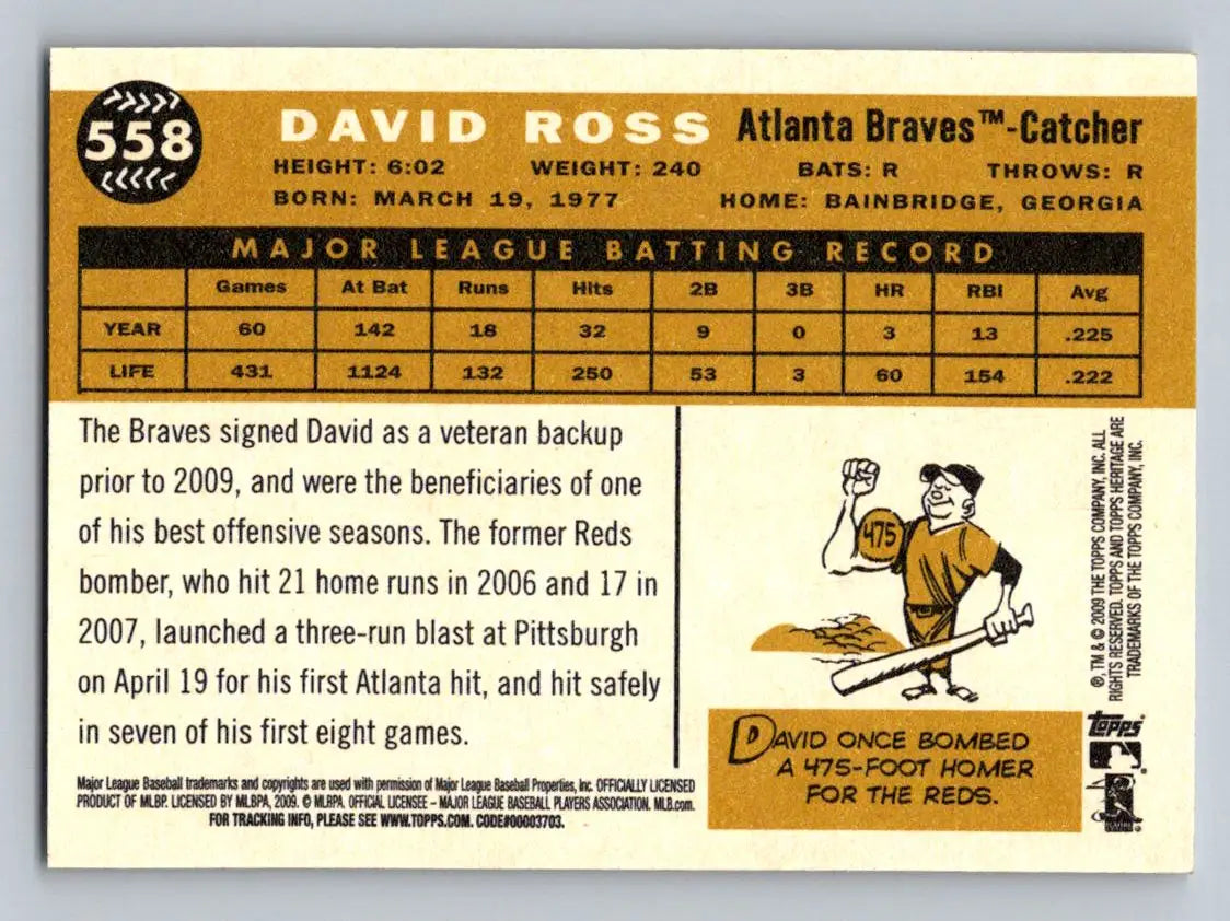 Back of 2009 Topps Heritage #558 David Ross Atlanta Braves baseball card