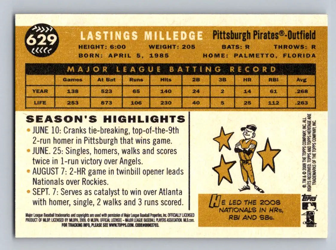 Baseball card back of 2009 Topps Heritage #629 Lastings Milledge Pittsburgh Pirates