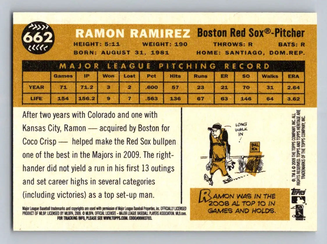 Back of 2009 Topps Heritage #662 Ramon Ramirez Boston Red Sox baseball card