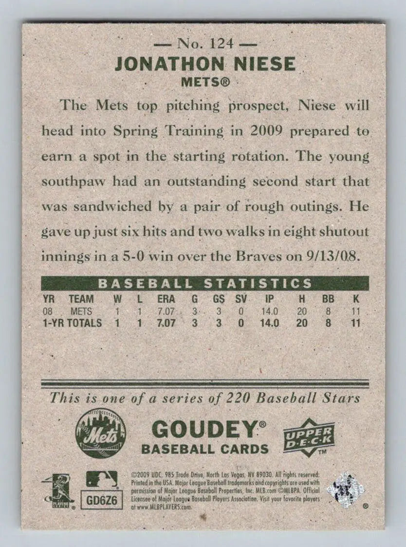 Back of 2009 Upper Deck Goudey #124 Jonathon Niese New York Mets Rookie baseball card