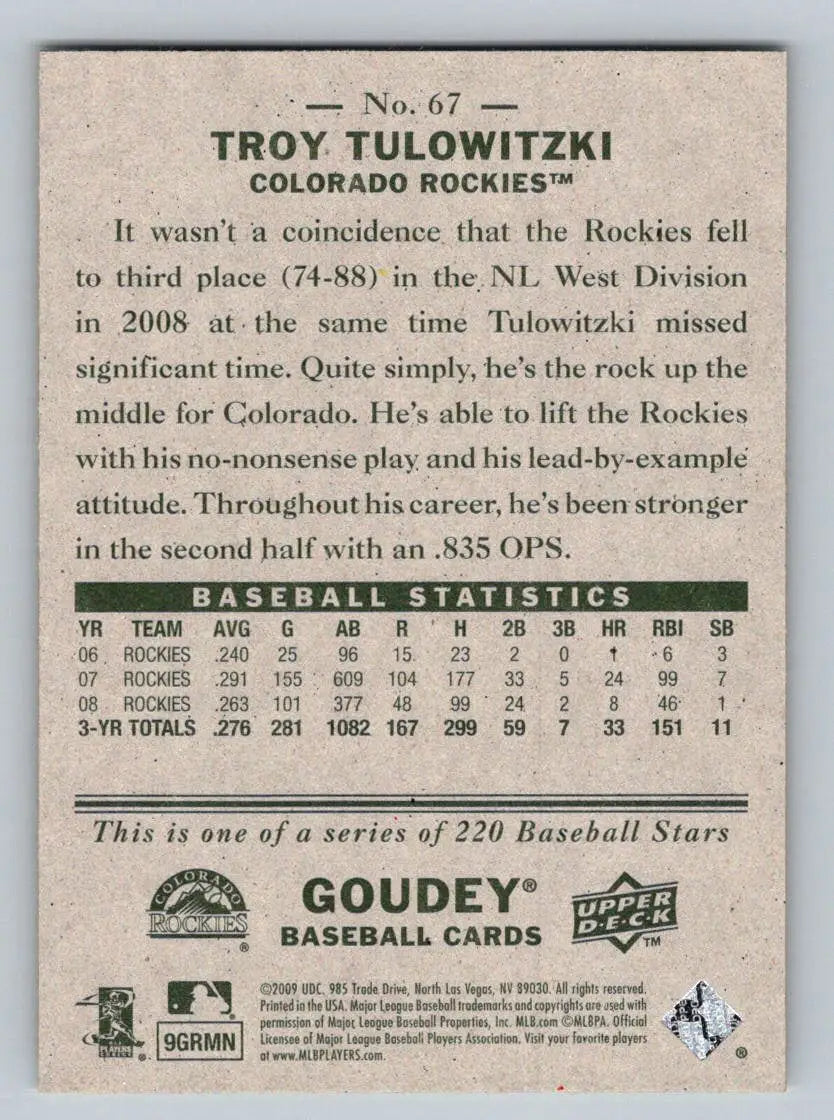 2009 Upper Deck Goudey #67 Troy Tulowitzki baseball card featuring Colorado Rockies star