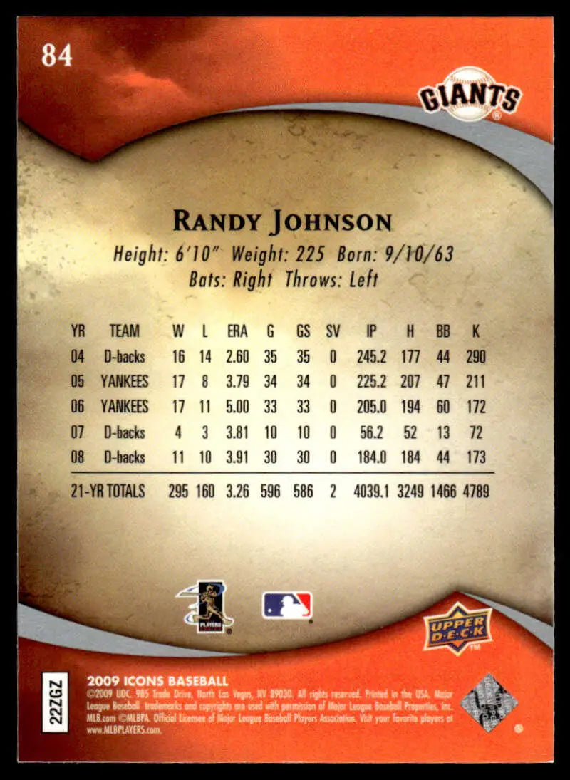 Randy Johnson San Francisco Giants baseball card showcasing player statistics and info