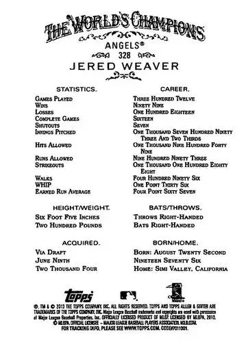 2010 Allen and Ginter #328 Jered Weaver NM-MT SP Angels ID:60601 - Trading Cards