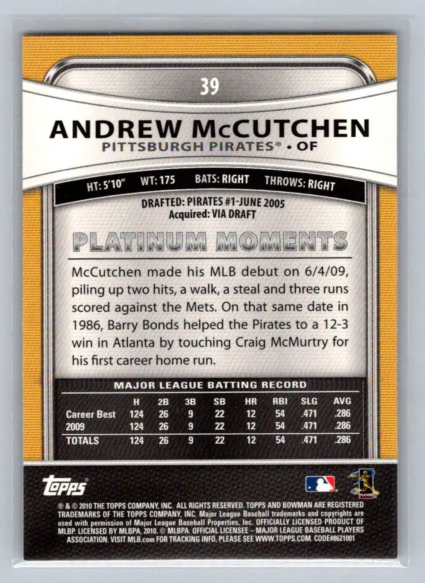 Andrew McCutchen baseball card back from 2010 Bowman Platinum for Pittsburgh Pirates