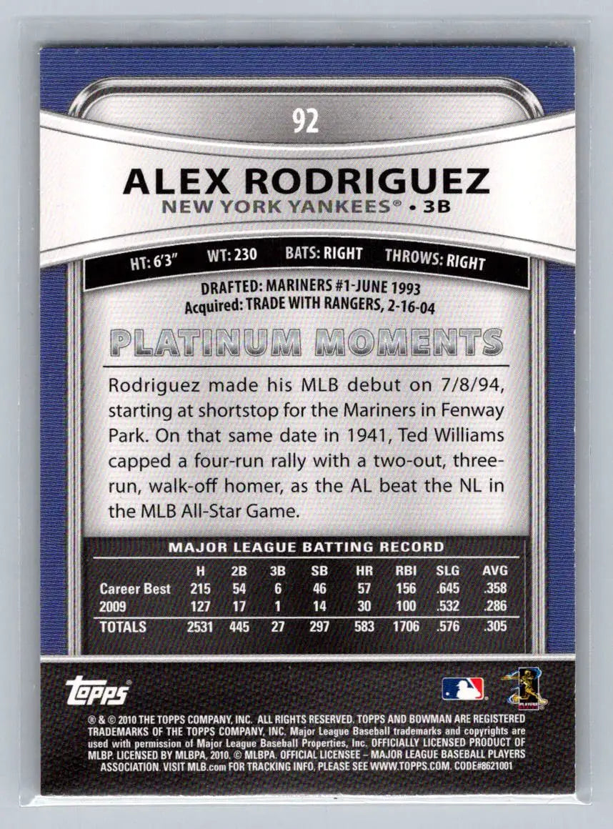 Alex Rodriguez 2010 Bowman Platinum #92 baseball card for New York Yankees fans