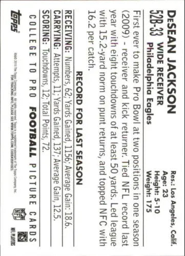 DeSean Jackson football card in original gloss from 2010 Topps, Simply Sandoval exclusive