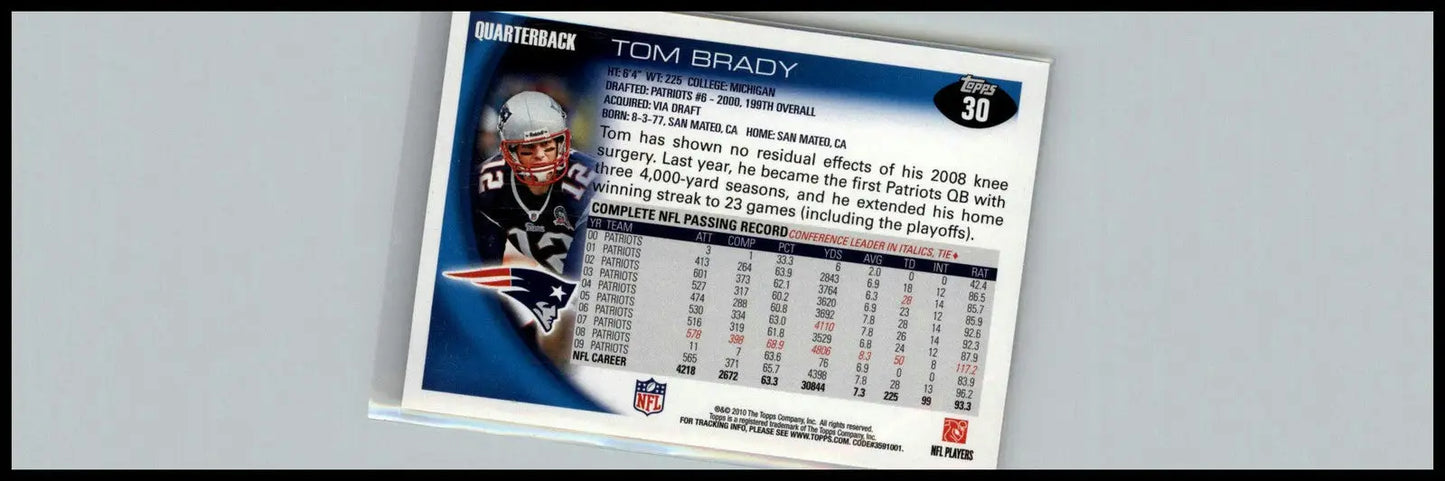 Tom Brady NFL trading card from 2010 Topps #30 showcasing a collectible football card
