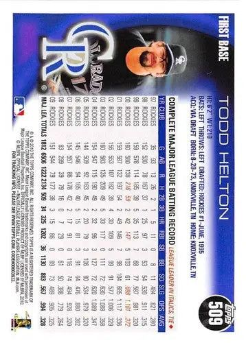 Baseball card featuring Todd Helton from 2010 Topps #509a Rockies, NM-MT condition