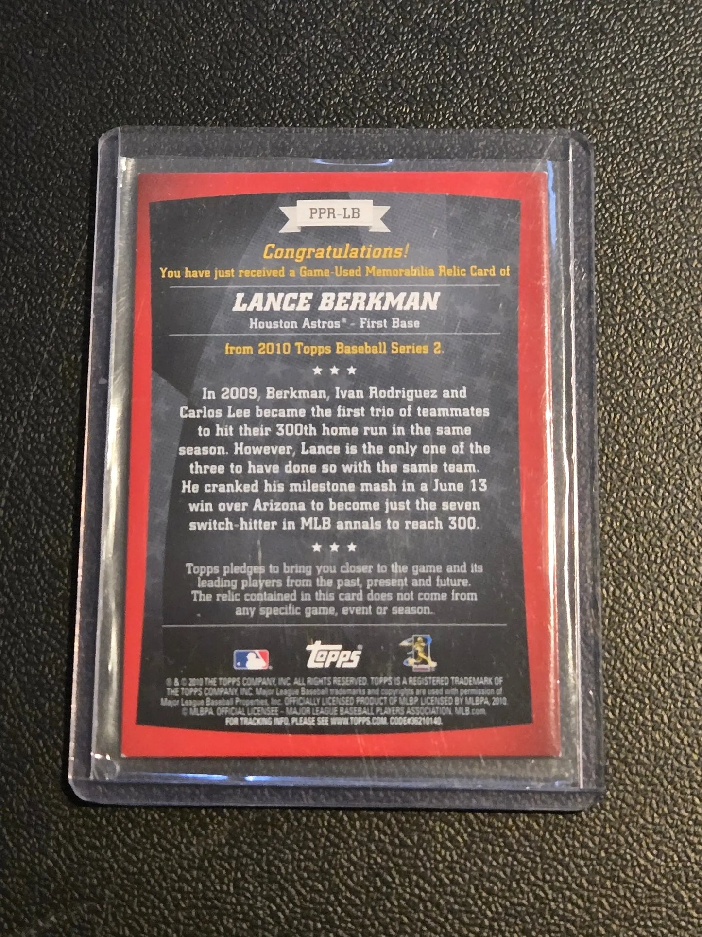 Lance Berkman Peak Performance relic baseball card from 2010 Topps Series 2