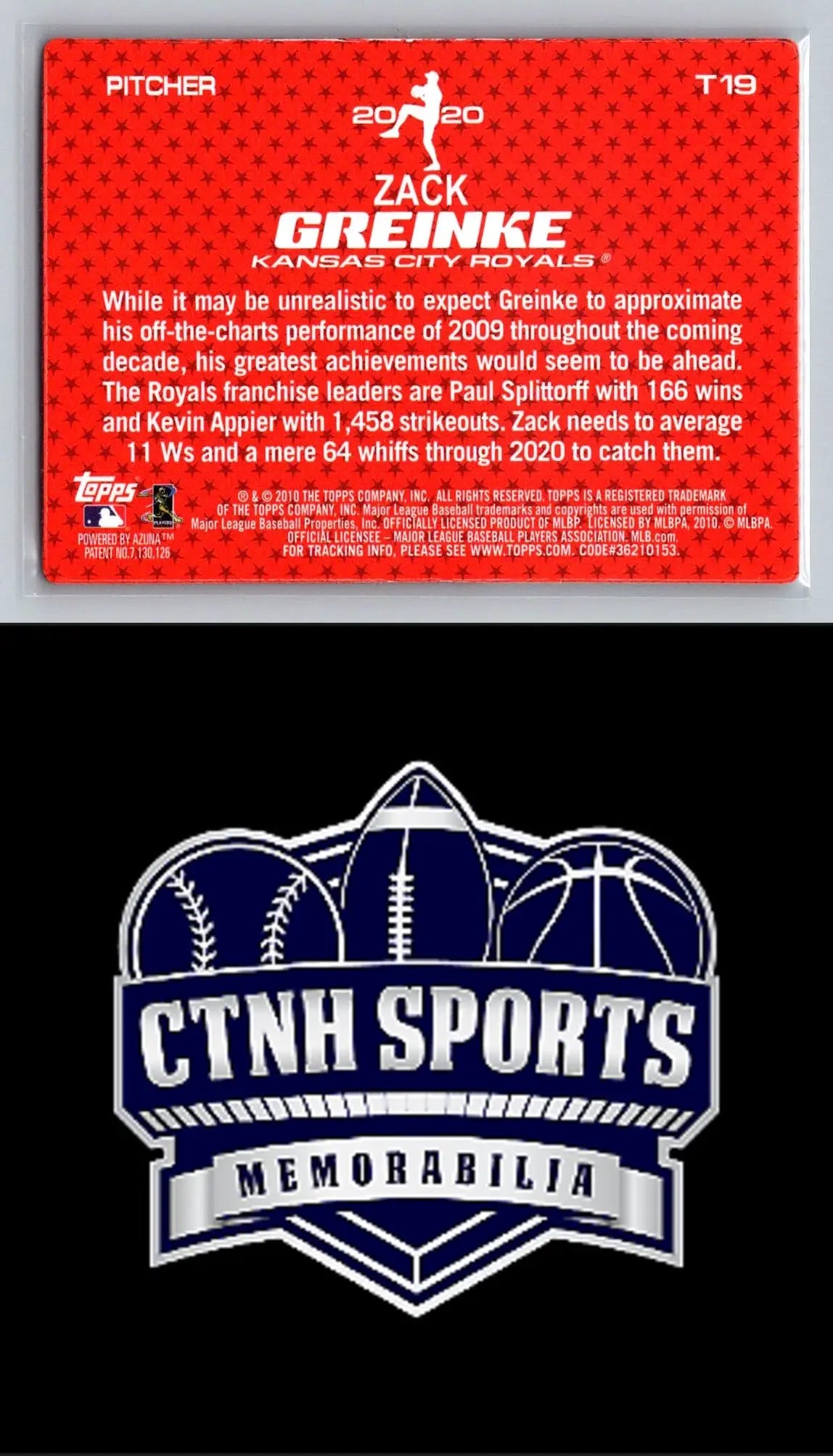 Back of 2010 Topps T19 Zack Greinke Kansas City Royals baseball card