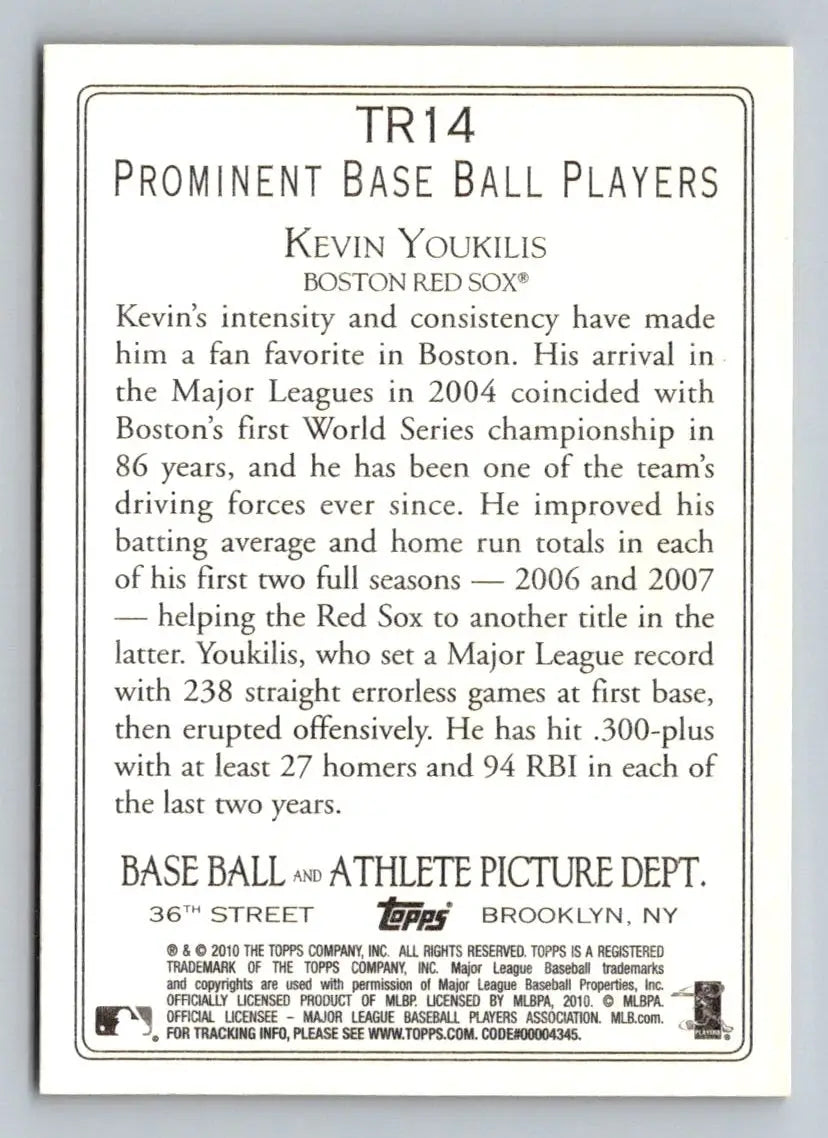 Back of 2010 Topps TR14 Kevin Youkilis Turkey Red Boston Red Sox baseball card