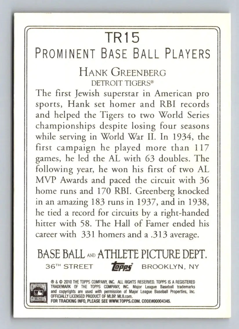Back of 2010 Topps TR15 Hank Greenberg Turkey Red baseball card for Detroit Tigers fans