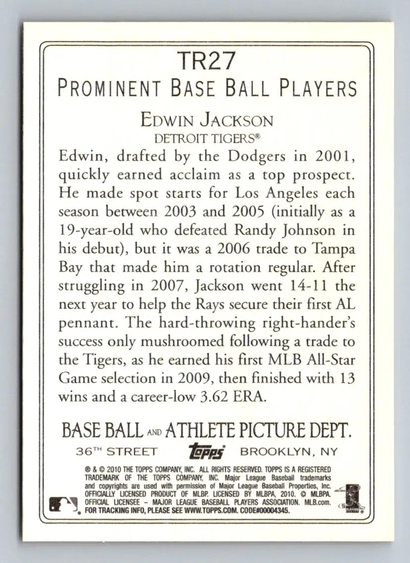 Baseball card back of 2010 Topps TR27 Edwin Jackson Turkey Red Detroit Tigers