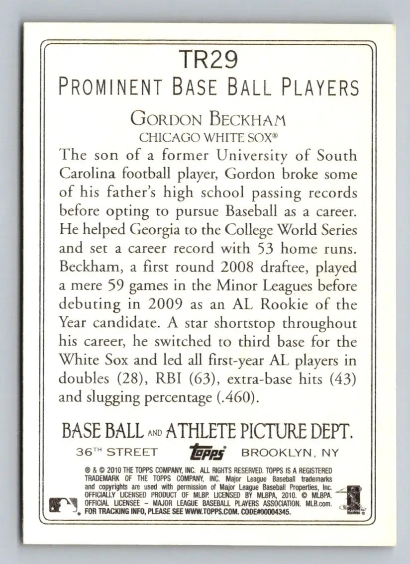 Back of 2010 Topps TR29 Gordon Beckham Turkey Red Chicago White Sox baseball card