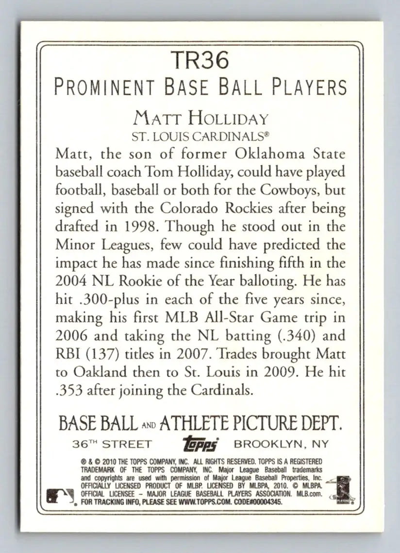 Baseball card back of 2010 Topps TR36 Matt Holliday Turkey Red St. Louis Cardinals
