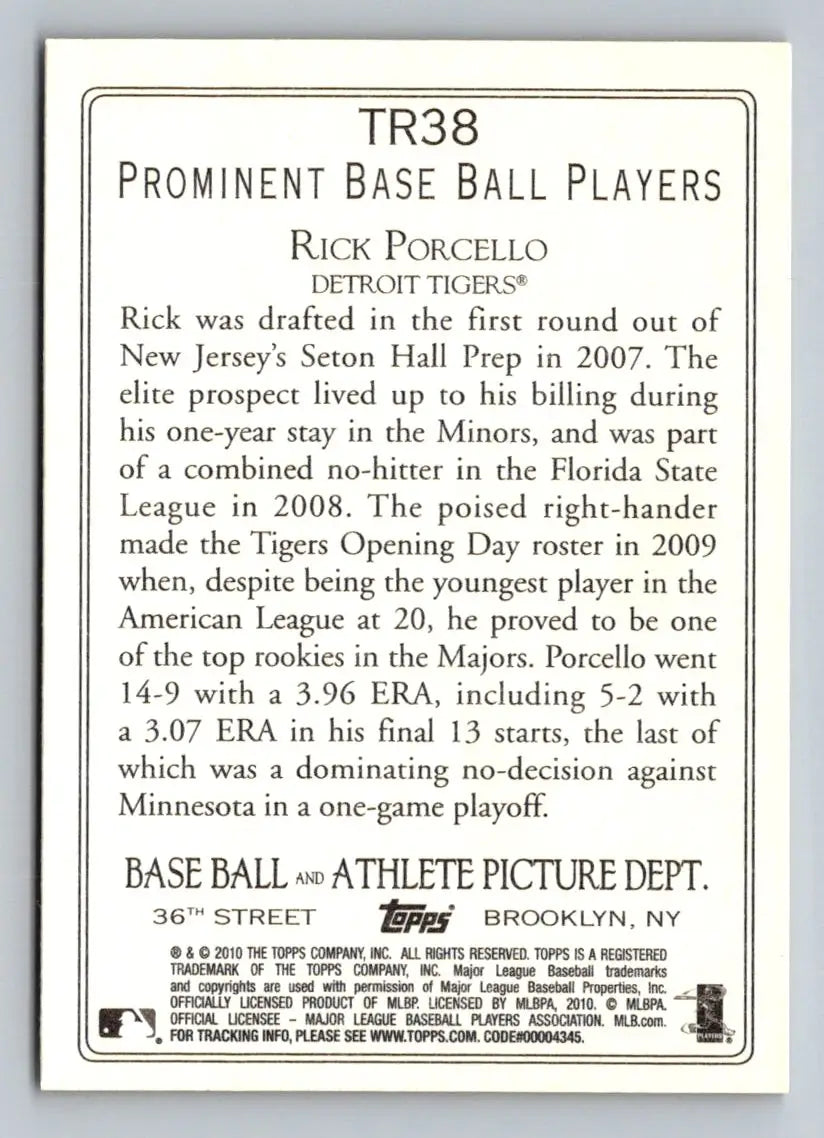 Back of 2010 Topps TR38 Rick Porcello Turkey Red baseball card featuring Detroit Tigers