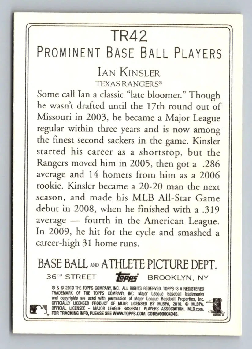 Back of 2010 Topps TR42 Ian Kinsler Turkey Red Texas Rangers baseball card