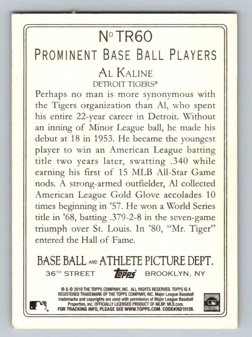 Back of 2010 Topps TR60 Al Kaline Turkey Red Baseball Card featuring Detroit Tigers stats