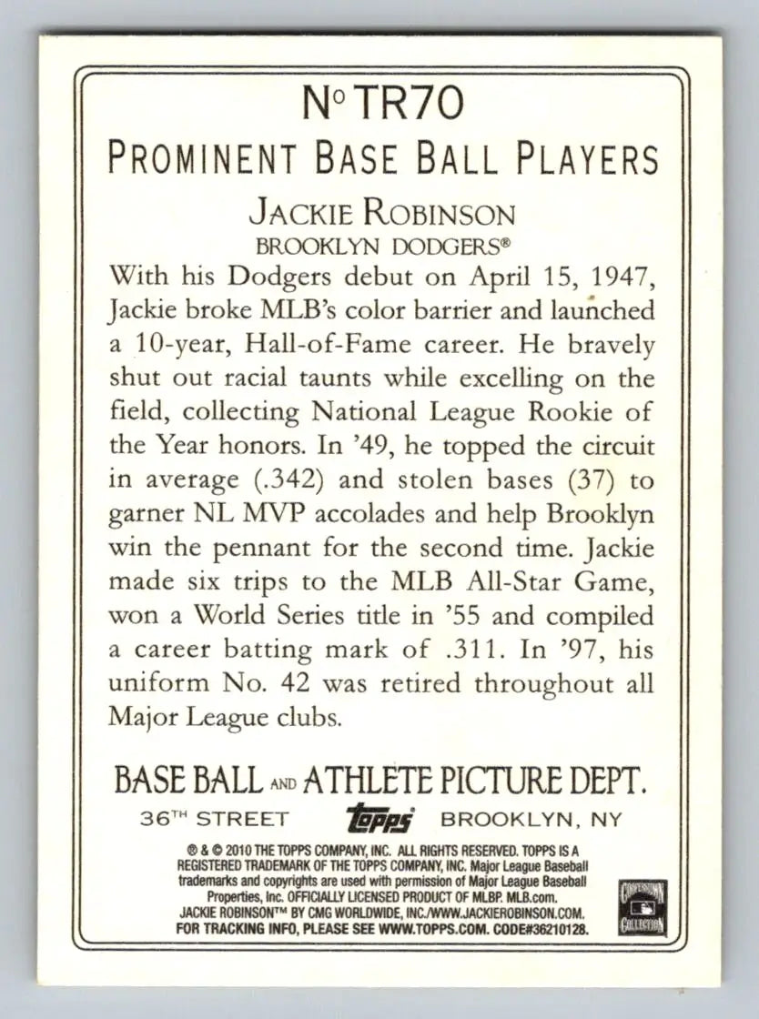 Jackie Robinson Turkey Red card from 2010 Topps TR70 featuring Brooklyn Dodgers player
